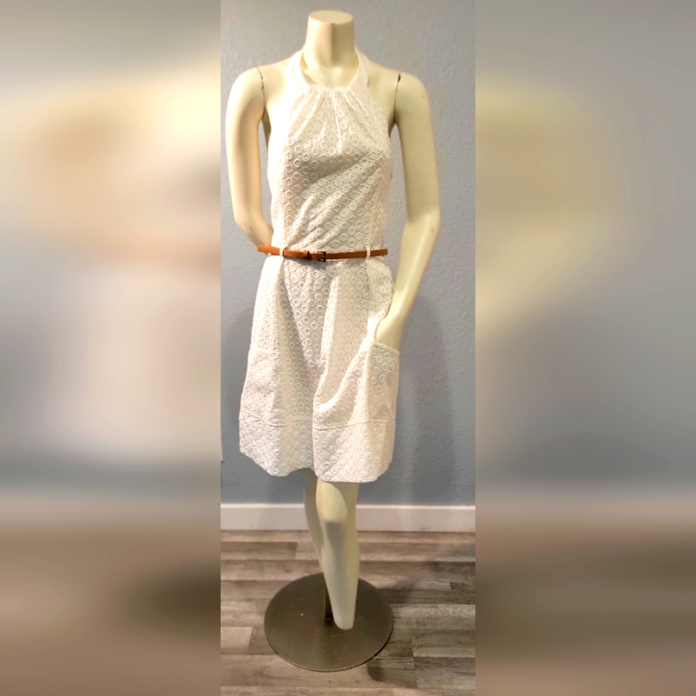 London Time White Eyelet Halter Neck Mini Dress 2 Packet In Front Size 12